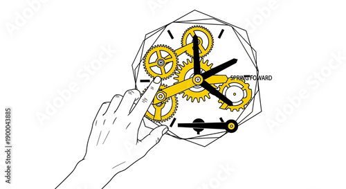 Spring Forward Illustration: Hand Adjusting Clock Gears Mechanism for Daylight Saving Time Change