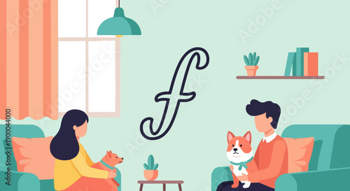 Cozy living room scene with people and dogs