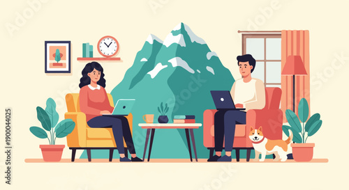 Cozy living room scene with people and dog working remotely