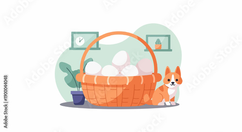 Cute dog sits by a basket full of eggs next to potted plants and clocks