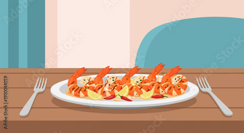 Delicious platter of cooked shrimp with lemon and chili on a wooden table