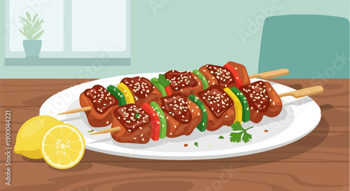 Delicious grilled meat skewers with vegetables and lemon on a wooden table