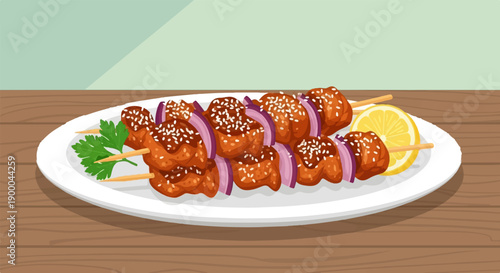 Delicious grilled chicken skewers with sesame seeds, onion, lemon, and parsley