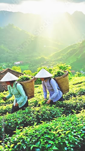 The Green Gold of China: Traditional Tea Harvesting.  Morning in the Tea Fields: Manual Labor and Harmony with Nature.