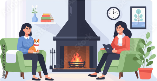Cozy living room scene with two women, a fireplace, and a dog