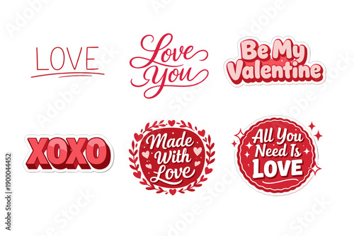 Romantic valentine stickers with love messages and decorative red designs