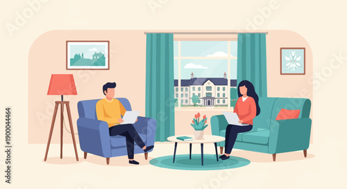 Cozy living room scene with two people working on laptops (1)
