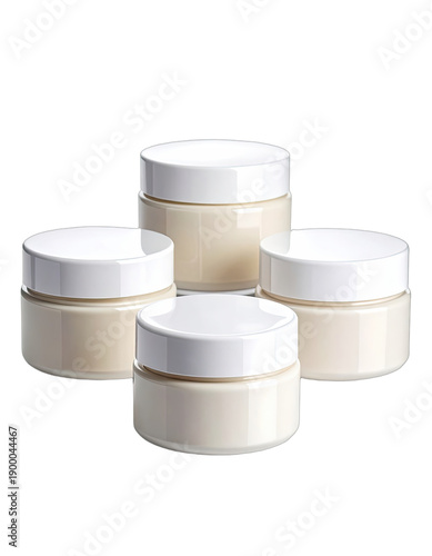 Four cosmetic cream jars with white lids against a black background.