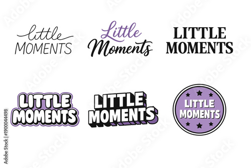 Diverse typography designs for little moments logos in black and purple