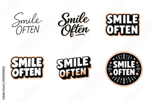 Stylized 'smile often' text designs in various fonts and styles