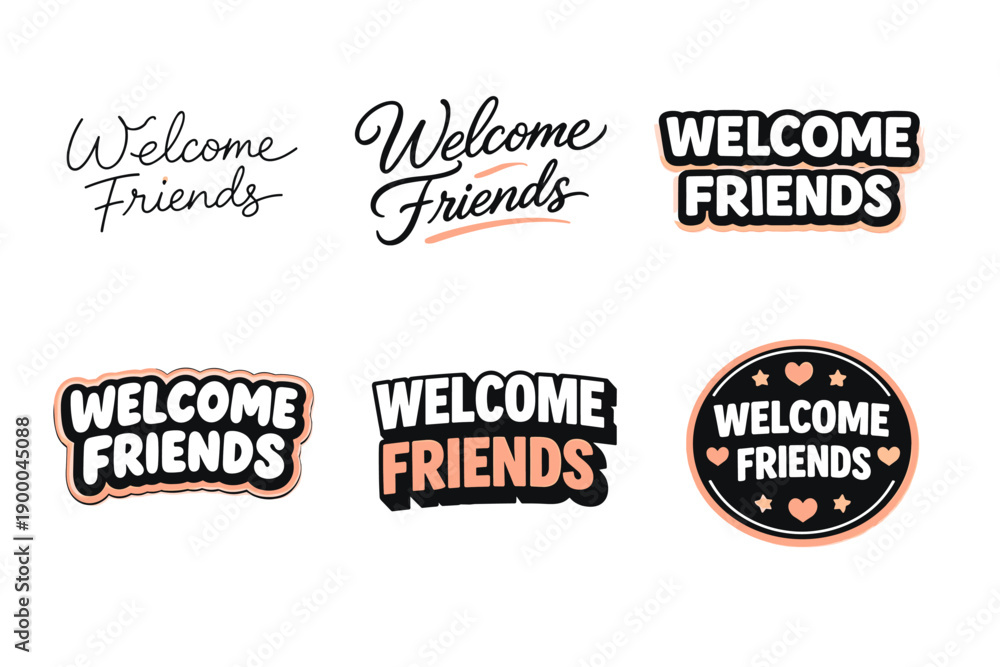 Obraz premium Welcome friends sticker set with varied fonts and designs