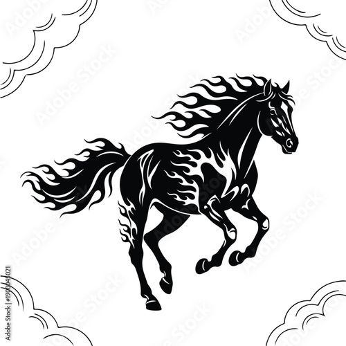 A dynamic black horse with flame markings is shown running with clouds