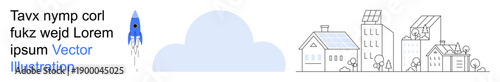 Urban planning, sustainable energy, technology, innovation, growth, space exploration. Rocket launching beside eco-friendly urban buildings with solar panels. Urban planning and sustainable energy