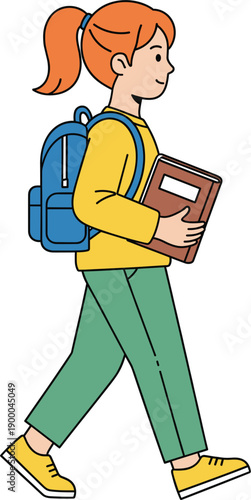 Professional vector character of a schoolgirl heading to class with educational supplies.