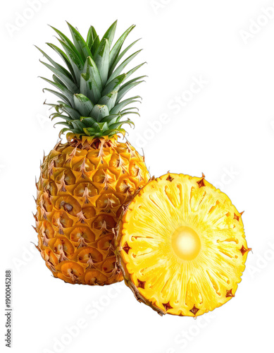 Whole Pineapple with Cross-Section Slice on Black Background