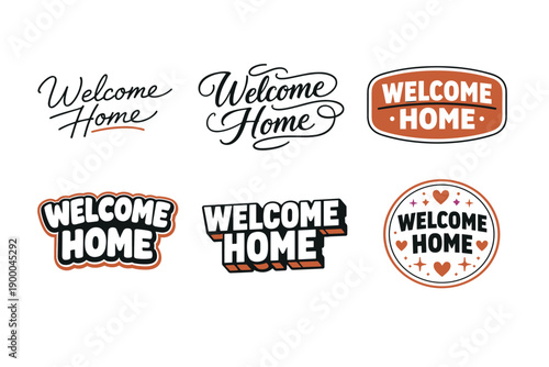 Set of six stylish welcome home typography designs with various fonts and colors