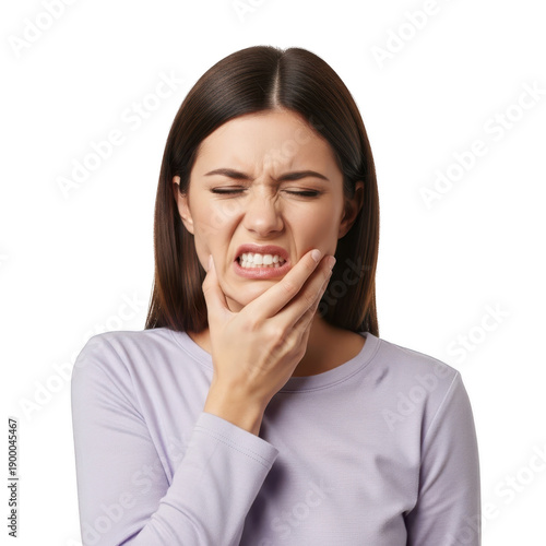 Young woman experiencing tooth pain isolated on transparent background