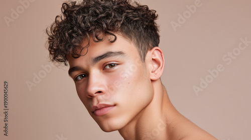 Young man with natural male blush tone under soft diffused light, gaze thoughtful and skin texture visible in pastel portrait