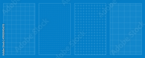 Blue grid background collection. Square blueprint notebook sheets, editable stroke paper texture for technical drawings, planners, templates and minimalist vector design