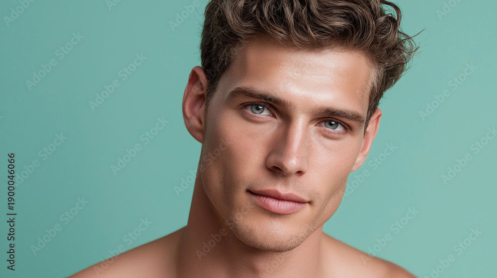 Fototapeta premium Handsome male portrait with hydrated smooth skin texture, pastel mint background, confident neutral expression, close up studio beauty headshot