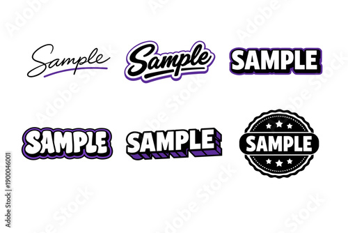Variety of bold and creative text styles with sample word in purple and black