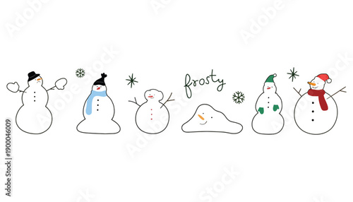 A group of adorable snowmen standing together in the snow