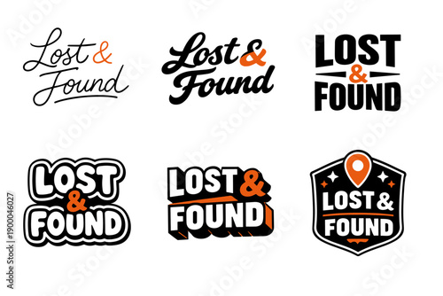 Six distinct lost and found logos with creative typography and iconography