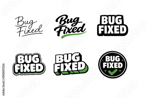 Variety of 'bug fixed' typography designs in black and green styles