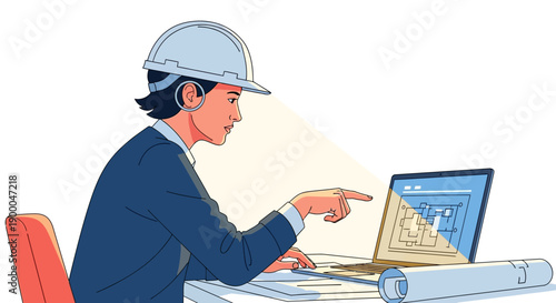 Female Engineer Analyzing Architectural Blueprint on Laptop. Construction, Planning, and Digital Engineering Concept Illustration.