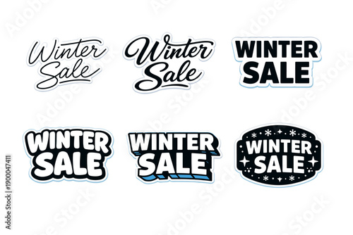 Variety of winter sale sticker designs with bold typography