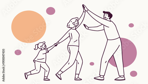 Vector illustration of a happy indian family with a child mother and father in a playful pose with high fiving and holding hands on a colorful background
