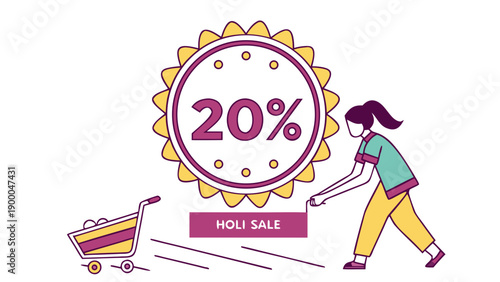 Woman pushing shopping cart with holi sale 20 off discount sign colorful vector illustration for marketing and advertising