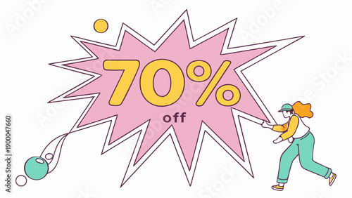 Cartoon woman pulling huge 70 off sale sign with balloons colorful illustration for marketing and advertising campaigns