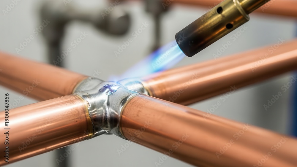 Naklejka premium Torch heating copper pipes for soldering, close-up of plumbing work and metal joining
