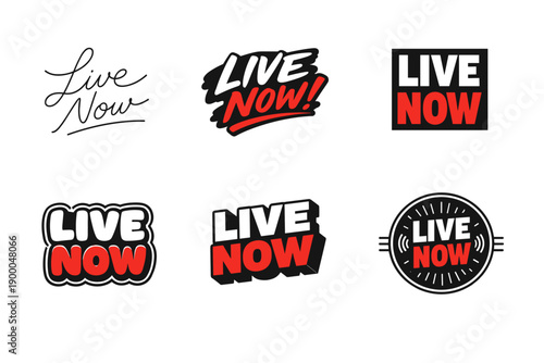 Bold live now typography in various styles and designs
