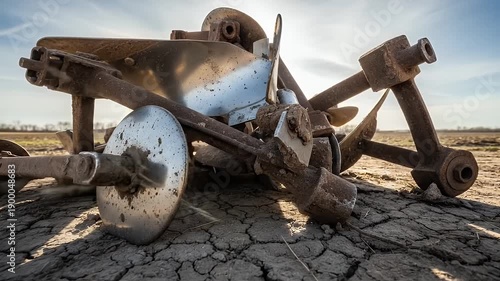 sunlit rusty agricultural machinery on cracked dry earth