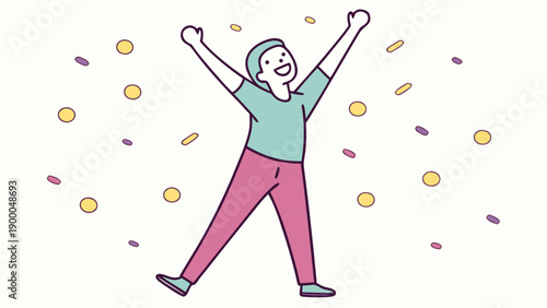 A joyful young woman celebrates with arms raised in colorful confetti on a plain background exuding happiness and excitement in a lively illustration