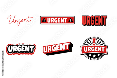 Various graphic styles of urgent text signs with emphasis on red and black colors