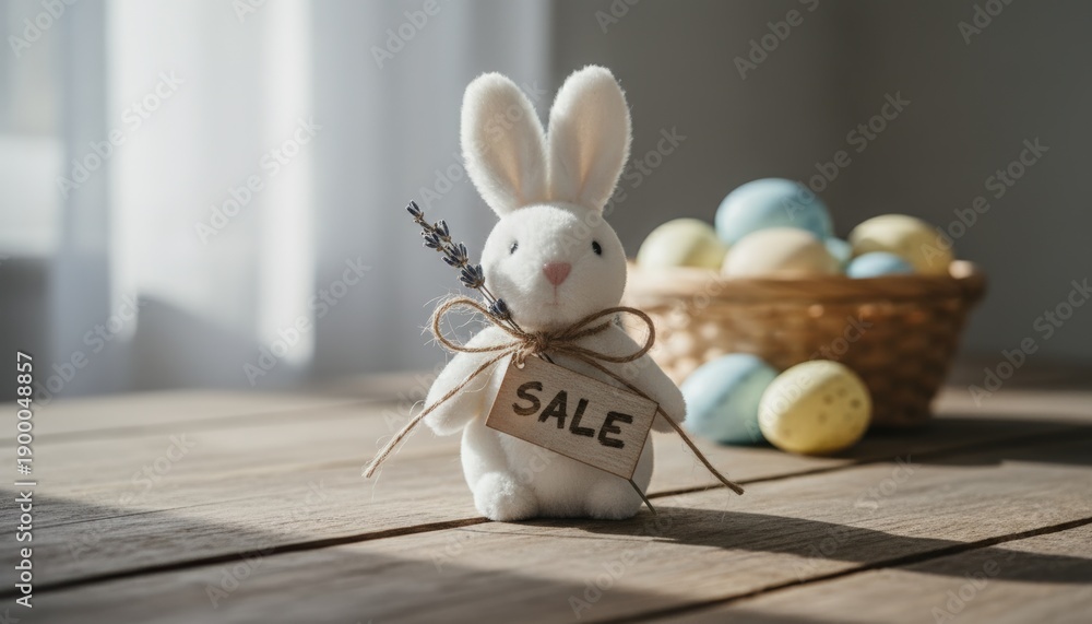 Fototapeta premium White plush rabbit holding sale tag near basket of Easter eggs