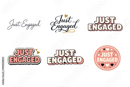 Just engaged graphic set with heart accents and various typography styles