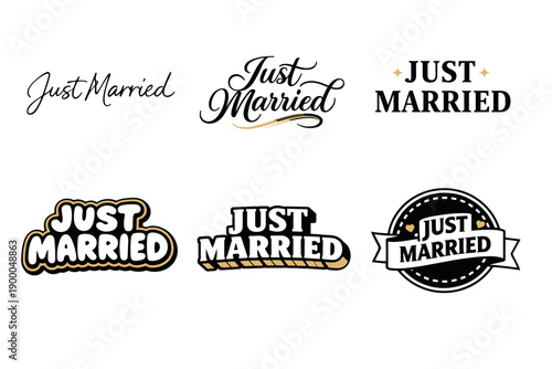 Variety of just married logos: elegant, bold, and decorative styles