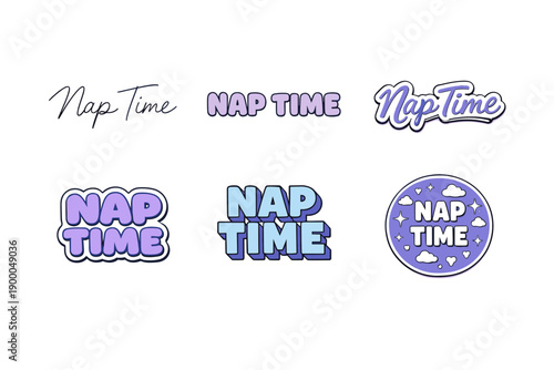 Stylized 'nap time' text designs in various fonts and colors