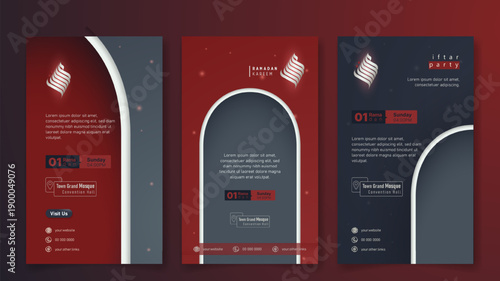 Social media post template in portrait dark red and dark blue design with mosque arch