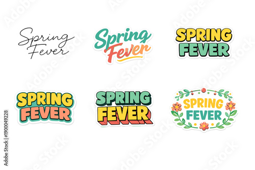 Spring fever sticker designs with colorful typography and floral elements