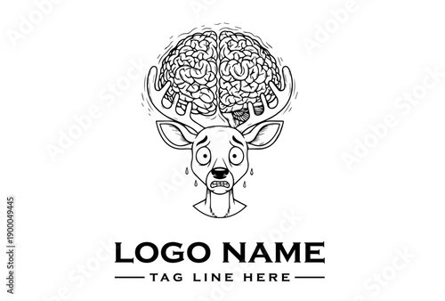 A surreal illustration of a deer head with a brain replacing its antlers, conveying illness and confusion in a simple black and white vector graphic on a clean background.