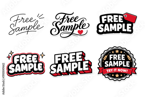 Diverse free sample badge designs featuring bold typography and decorative elements