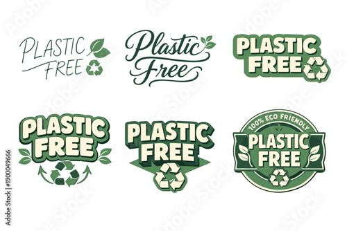 Collection of eco-friendly plastic free logos with recycling symbol