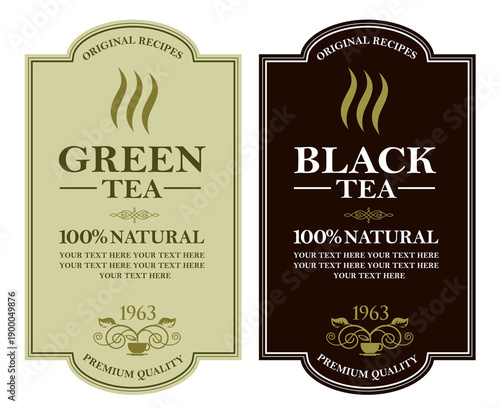 collection of green and black tea labels with leaves and cup