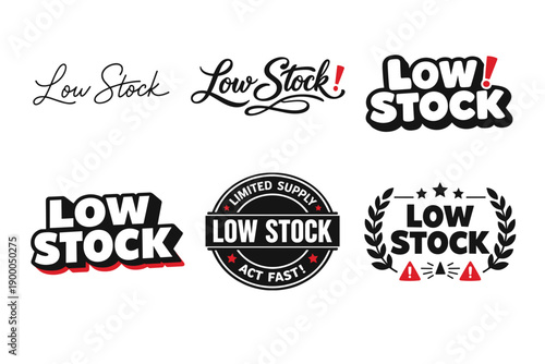 Low stock alert: graphic logos and badge designs in black and red