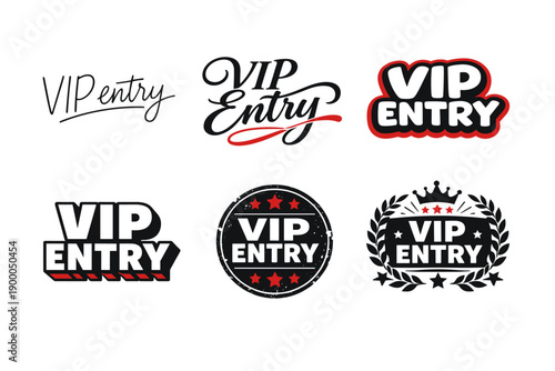 Vip entry badge designs with bold typography and decorative elements